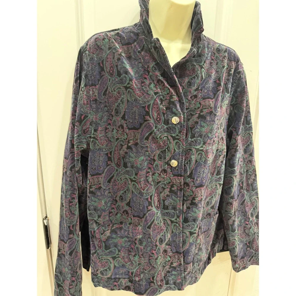 Vintage Paisley Velvet Jacket Women's Button Up Collar Blue Purple‎ Green M